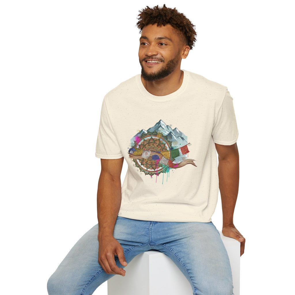 Adventure Compass T-Shirt — Mountain Compass with Prayer Flags & Colorful Globe