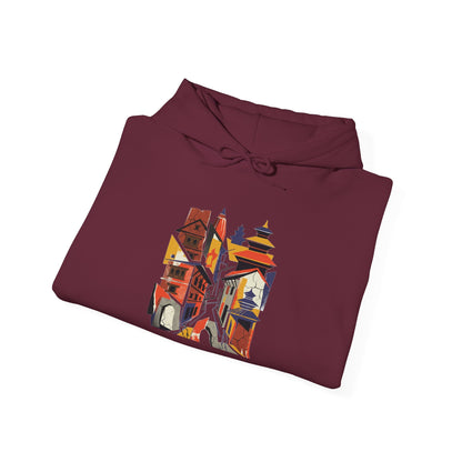 Cityscape Collage Hoodie — Colorful Urban Architecture Graphic Hoodie