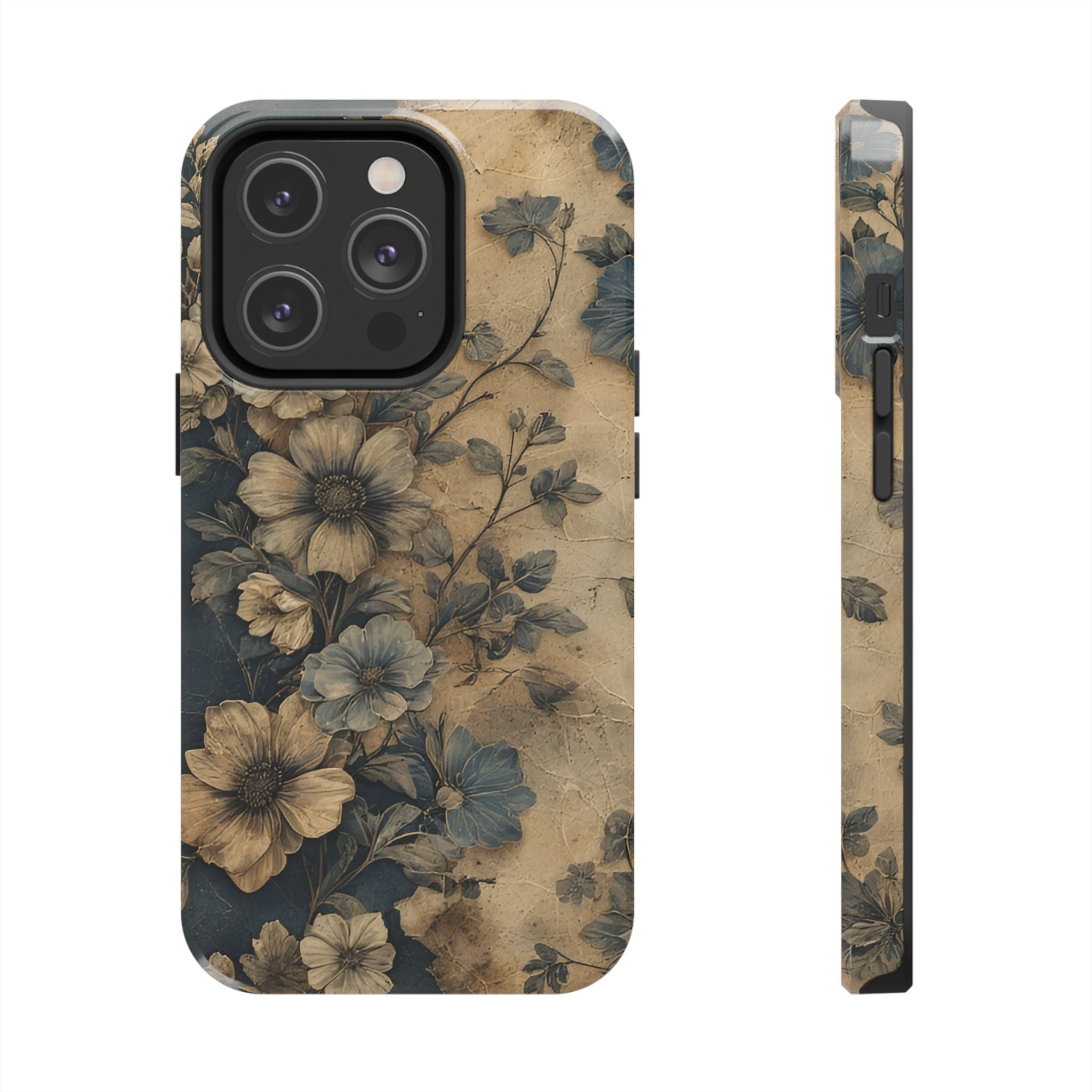 Vintage Floral Tough Phone Case — Antique Beige & Navy Protective Cover