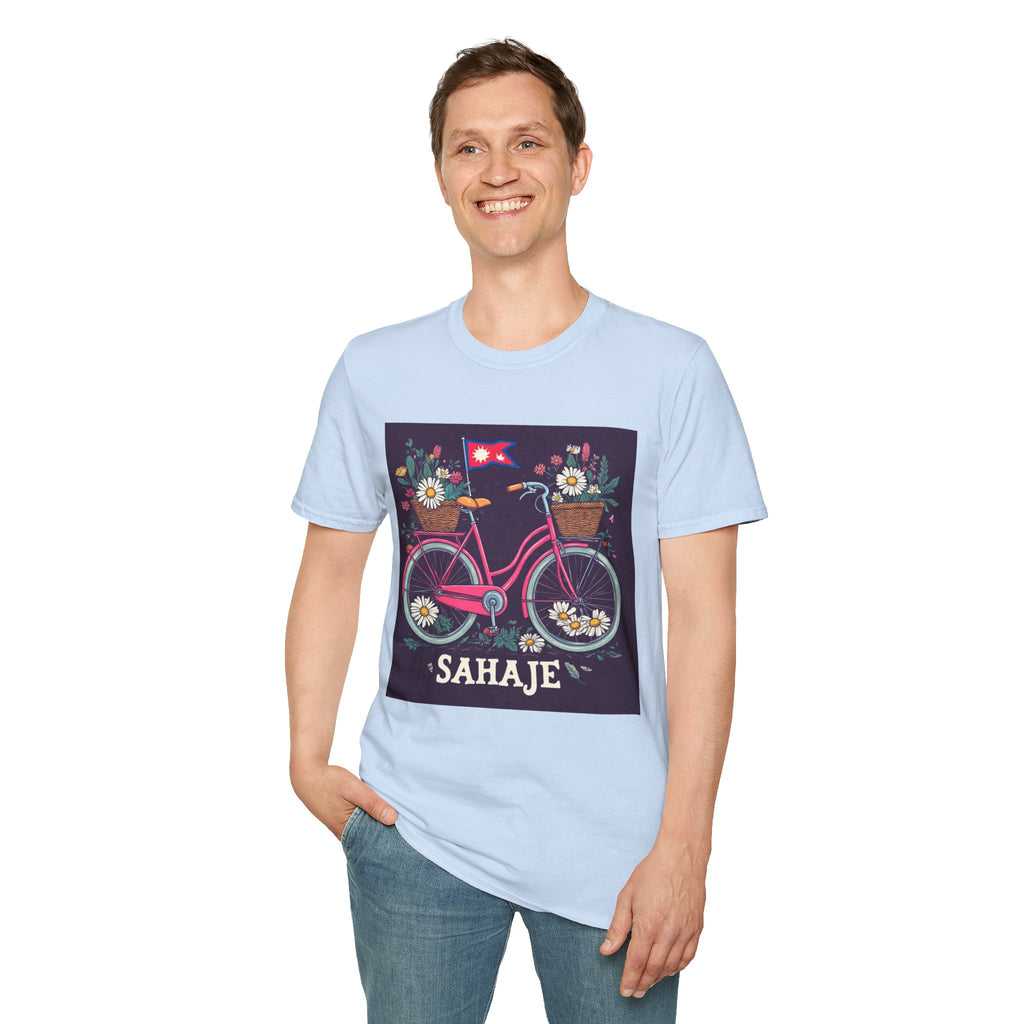 Bicycle Floral T-Shirt – Pink Bike with Baskets & "Sahaje" Text