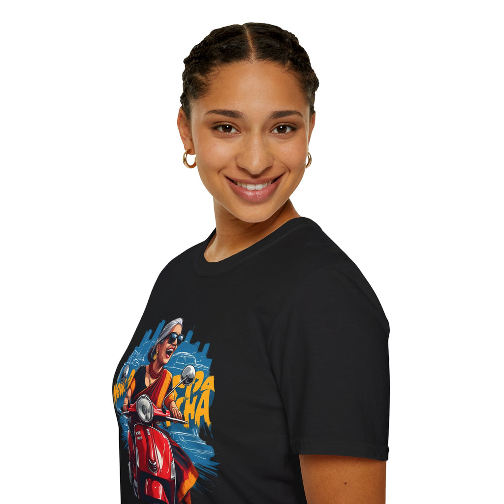 Newa Maicha Riding Scooter T-Shirt – Newari Woman in New York Graphic Tee, Cultural & Urban Design