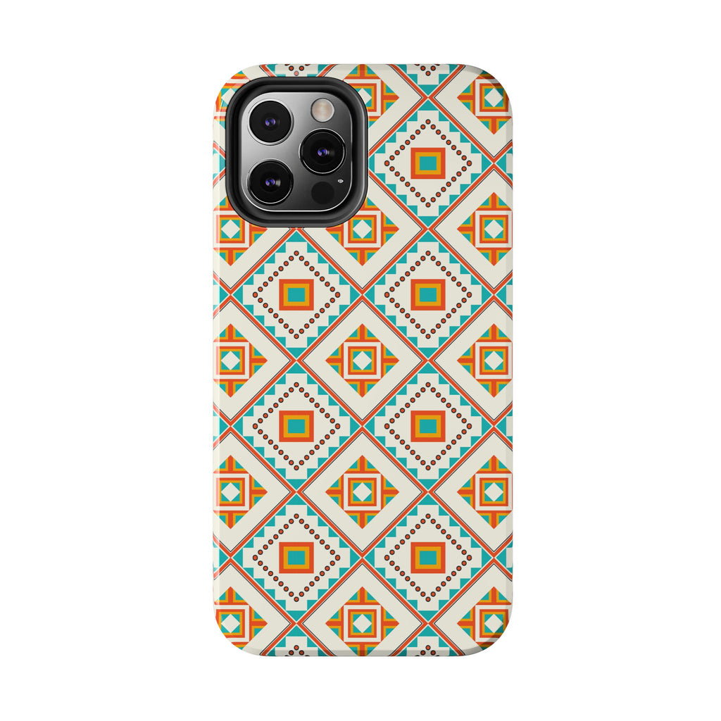 Tough Phone Case — Geometric Retro Tile Pattern, Orange & Teal Protective Cover