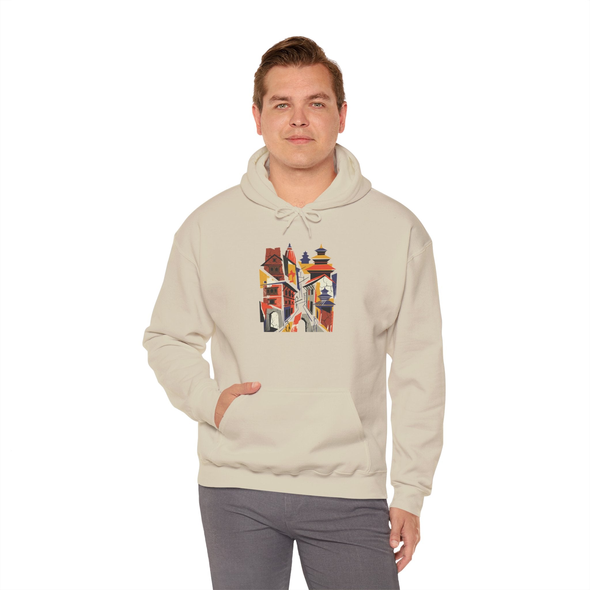 Cityscape Collage Hoodie — Colorful Urban Architecture Graphic Hoodie