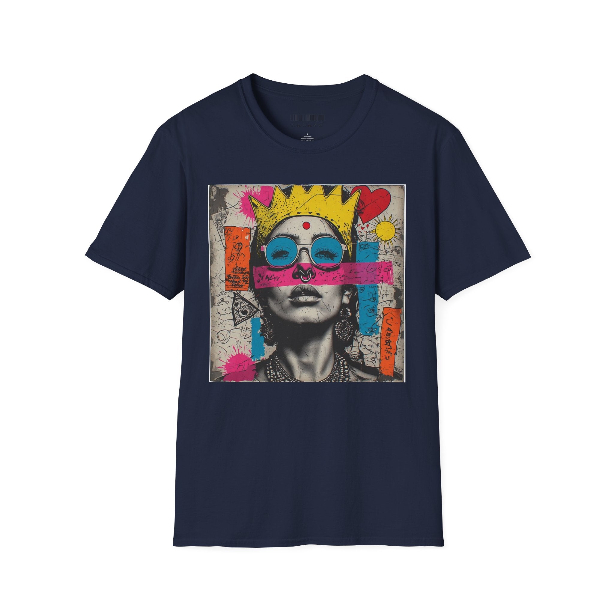 Abstract Pop Art Portrait T-Shirt — Neon Crown & Sunglasses Graphic