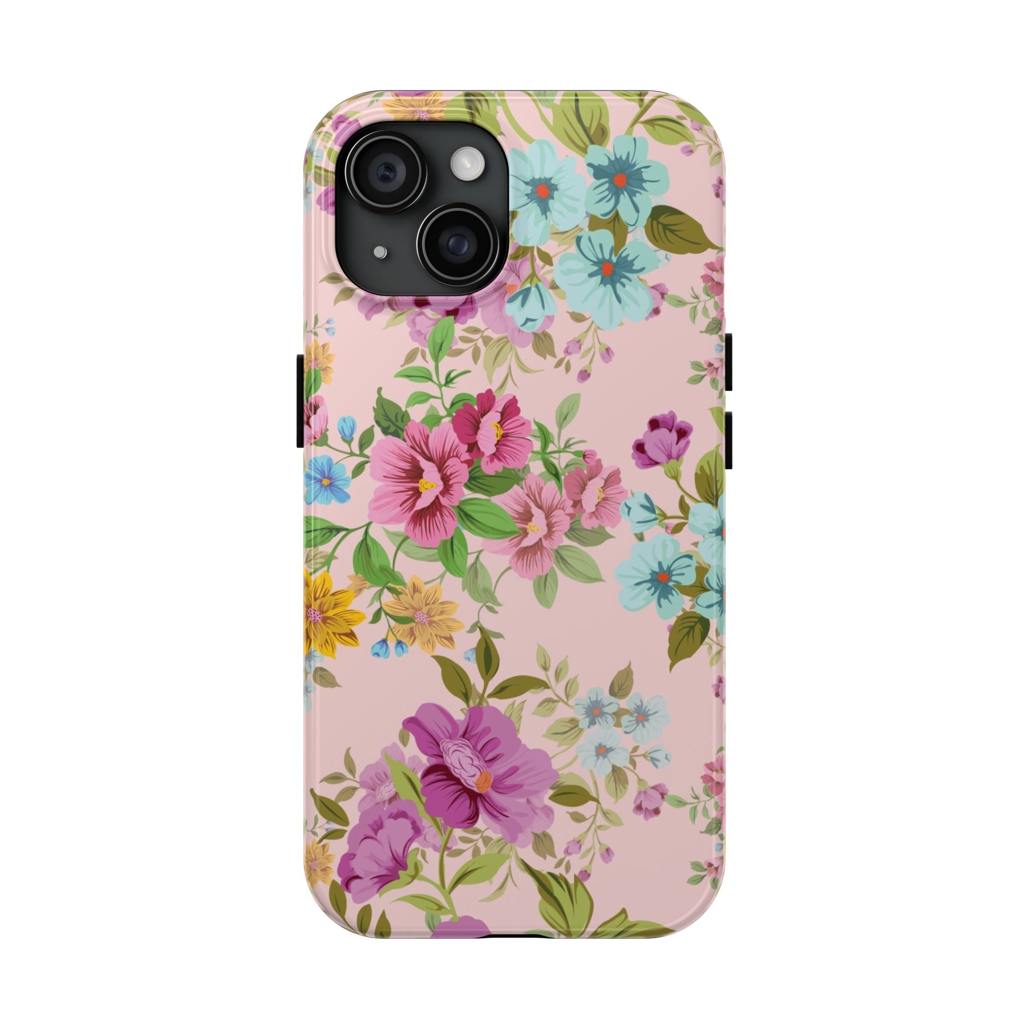 Floral Vintage Tough Phone Case — Pink Rose & Blue Blossom Protective Cover