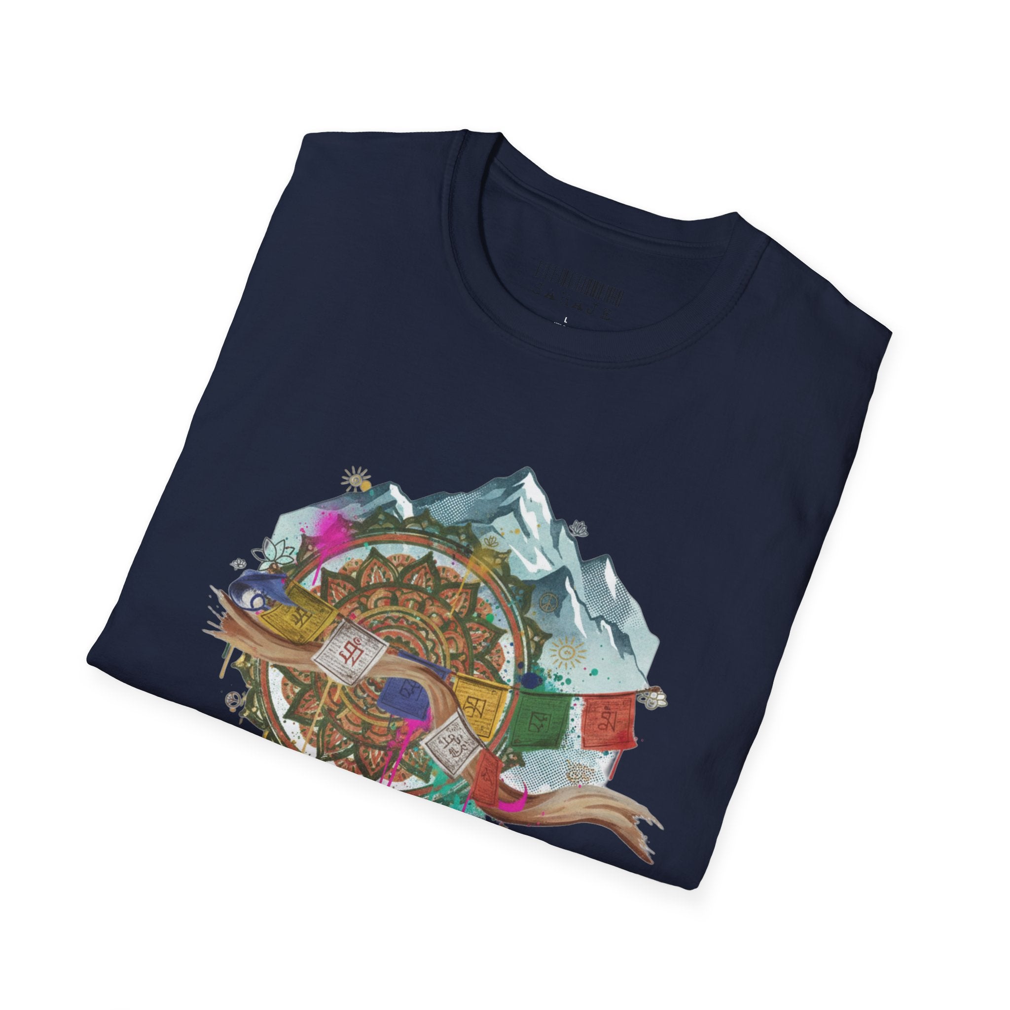 Adventure Compass T-Shirt — Mountain Compass with Prayer Flags & Colorful Globe