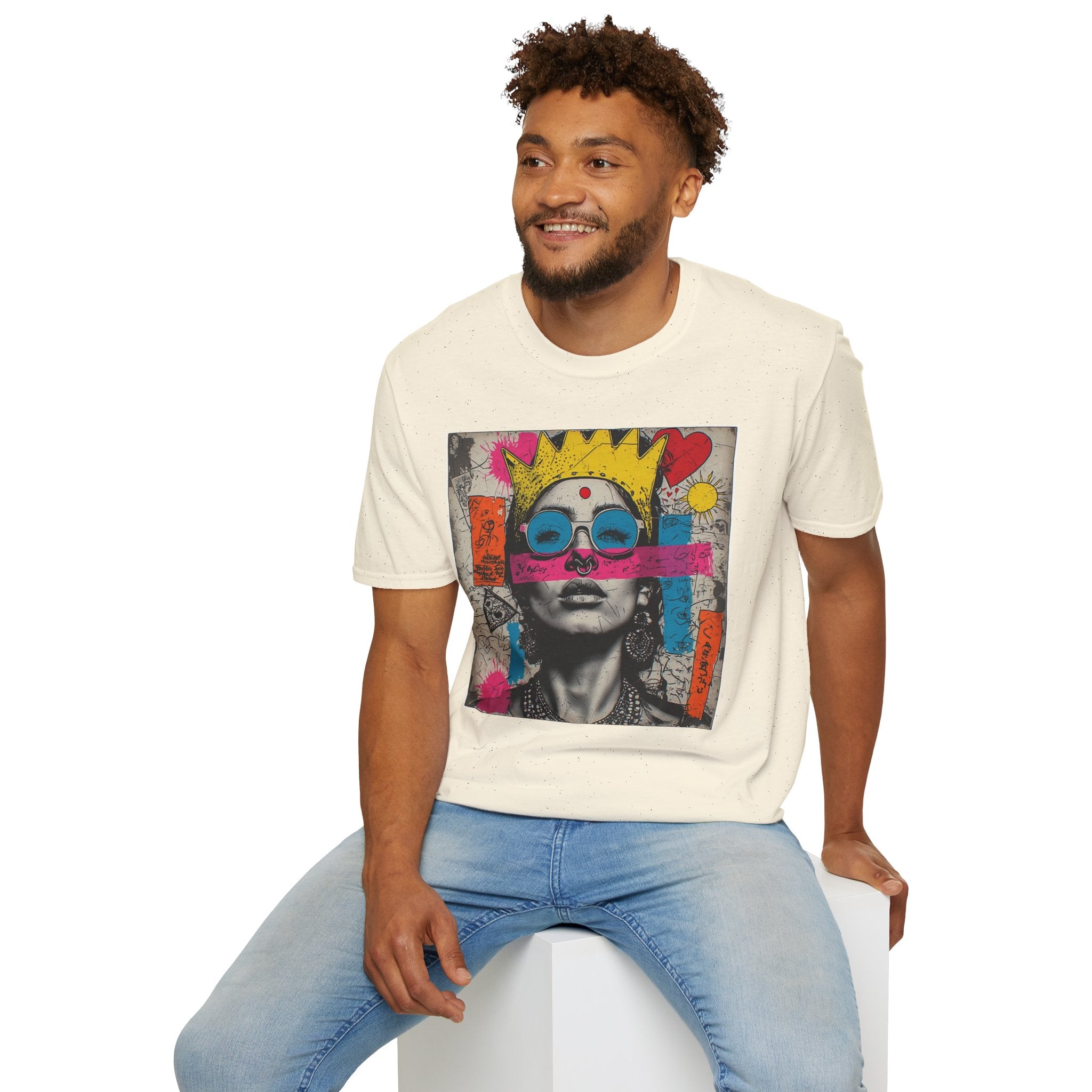 Abstract Pop Art Portrait T-Shirt — Neon Crown & Sunglasses Graphic