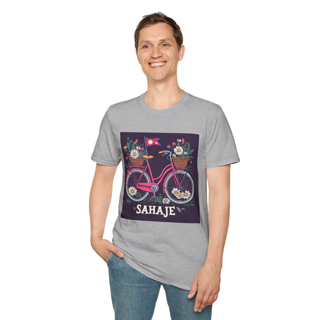 Bicycle Floral T-Shirt – Pink Bike with Baskets & "Sahaje" Text