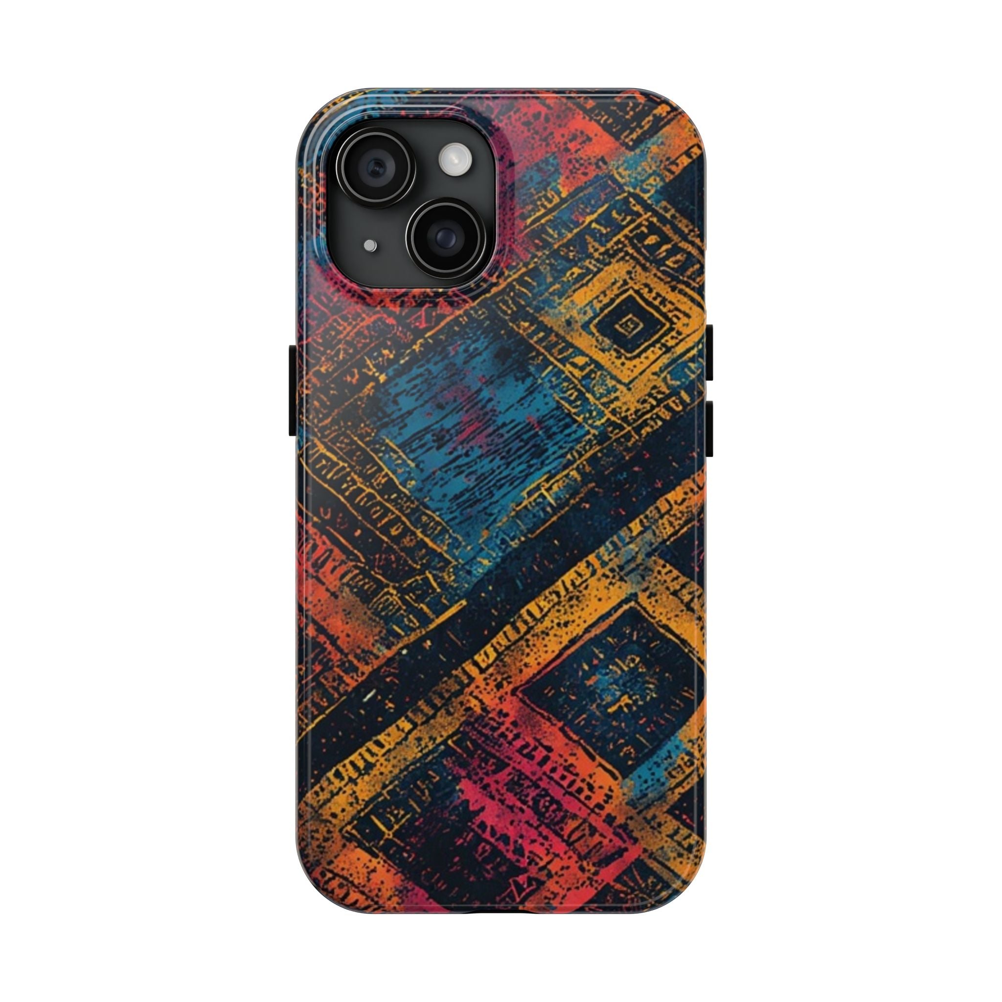 Tough Phone Case – Abstract Rustic Geometric Design (Blue, Orange, Magenta)
