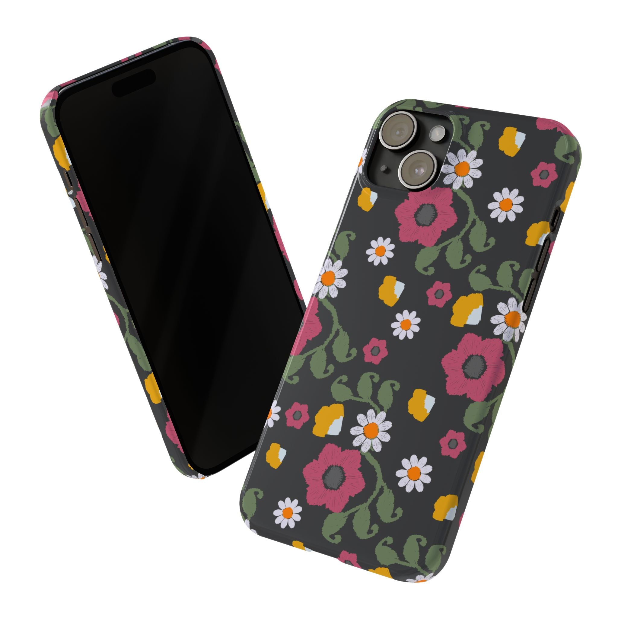 Floral Slim Phone Case, Black Flower Phone Cover, Stylish Phone Accessory, Gift for Her, Trendy Floral Case