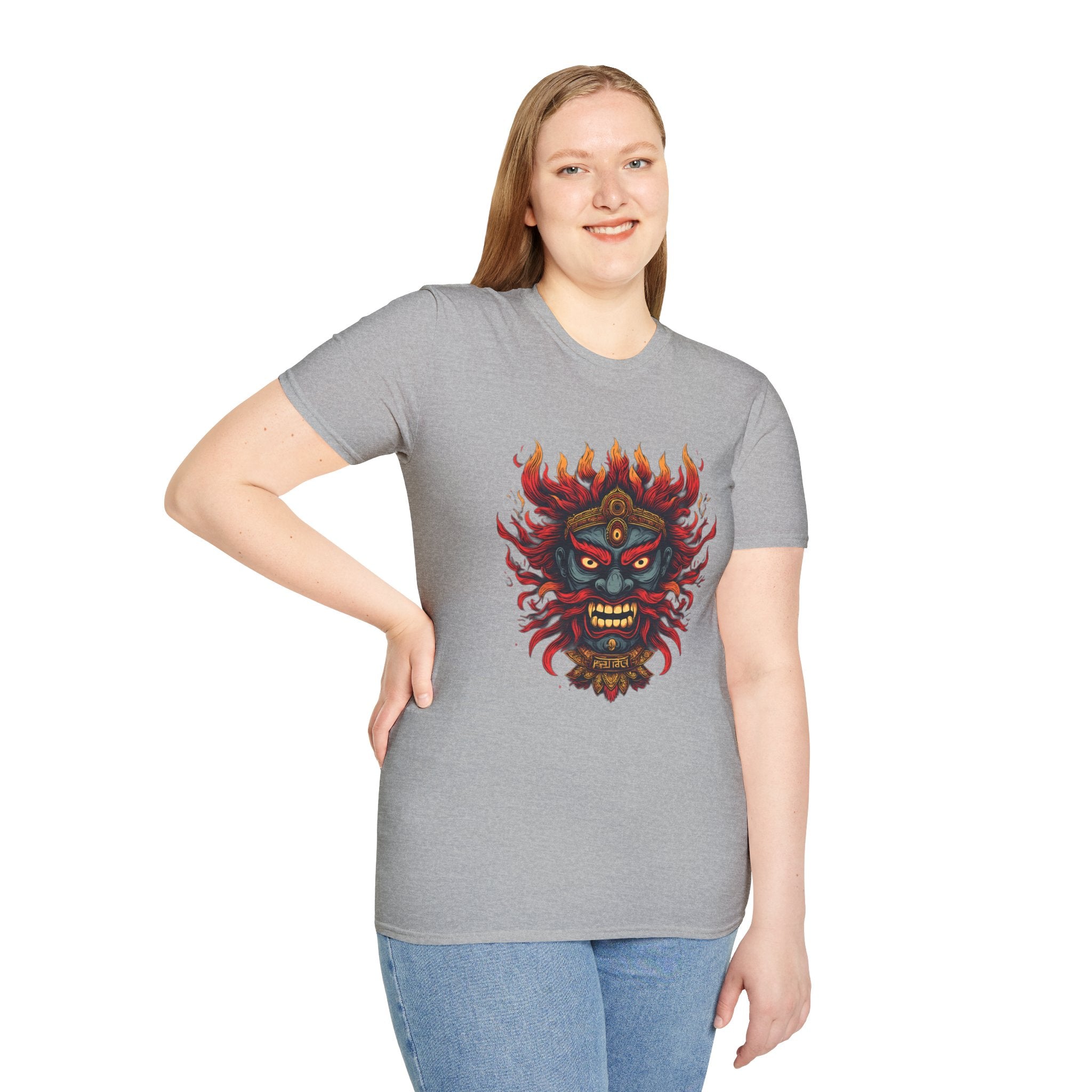 Flaming Demon Mask T-Shirt — Fierce Tattoo-Style Graphic Tee
