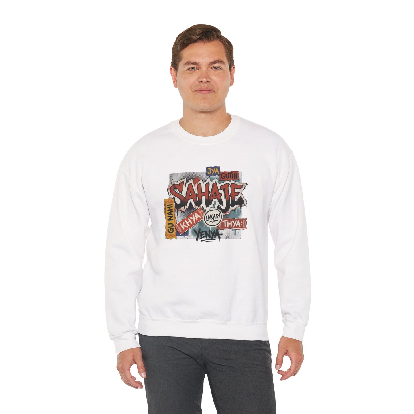 Crewneck Sweatshirt — 'Sahaje' Vintage Sticker Collage Graphic