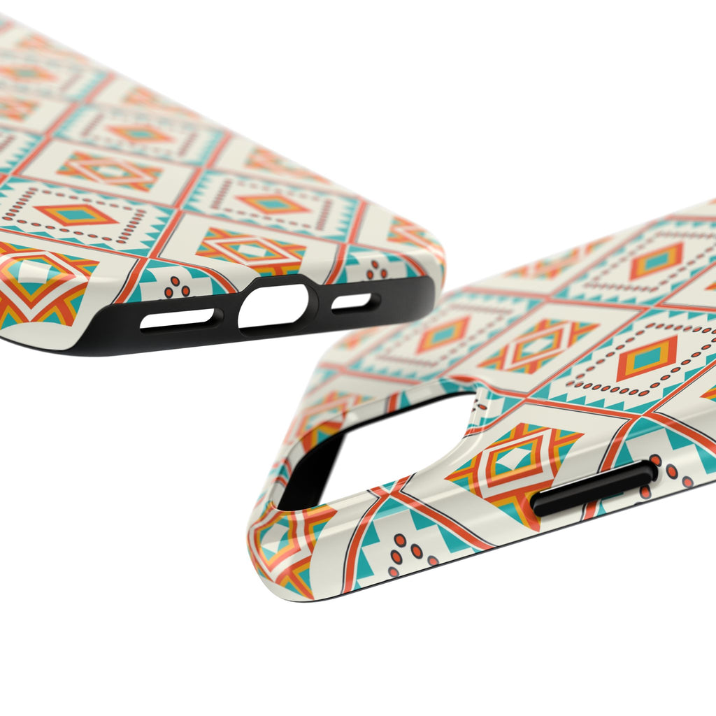 Tough Phone Case — Geometric Retro Tile Pattern, Orange & Teal Protective Cover