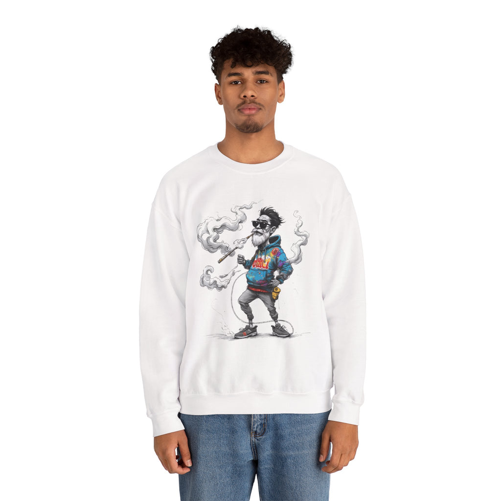 Crewneck Sweatshirt - Retro Cool Grandpa Smoking Pipe Illustration