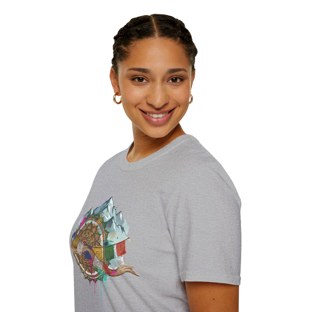Adventure Compass T-Shirt — Mountain Compass with Prayer Flags & Colorful Globe