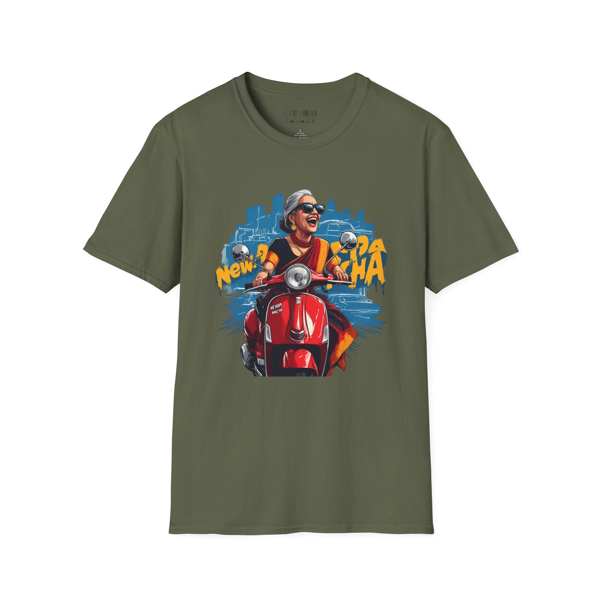 Newa Maicha Riding Scooter T-Shirt – Newari Woman in New York Graphic Tee, Cultural & Urban Design