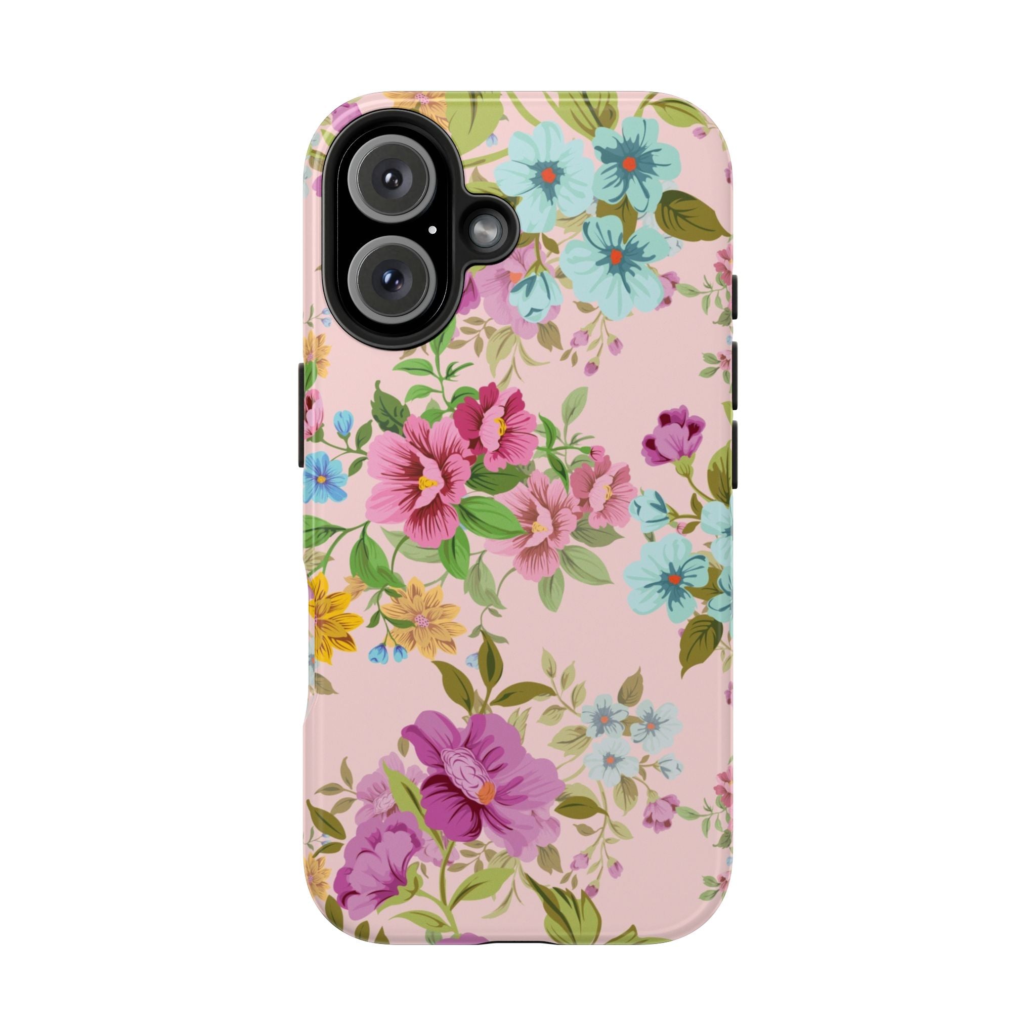 Floral Vintage Tough Phone Case — Pink Rose & Blue Blossom Protective Cover