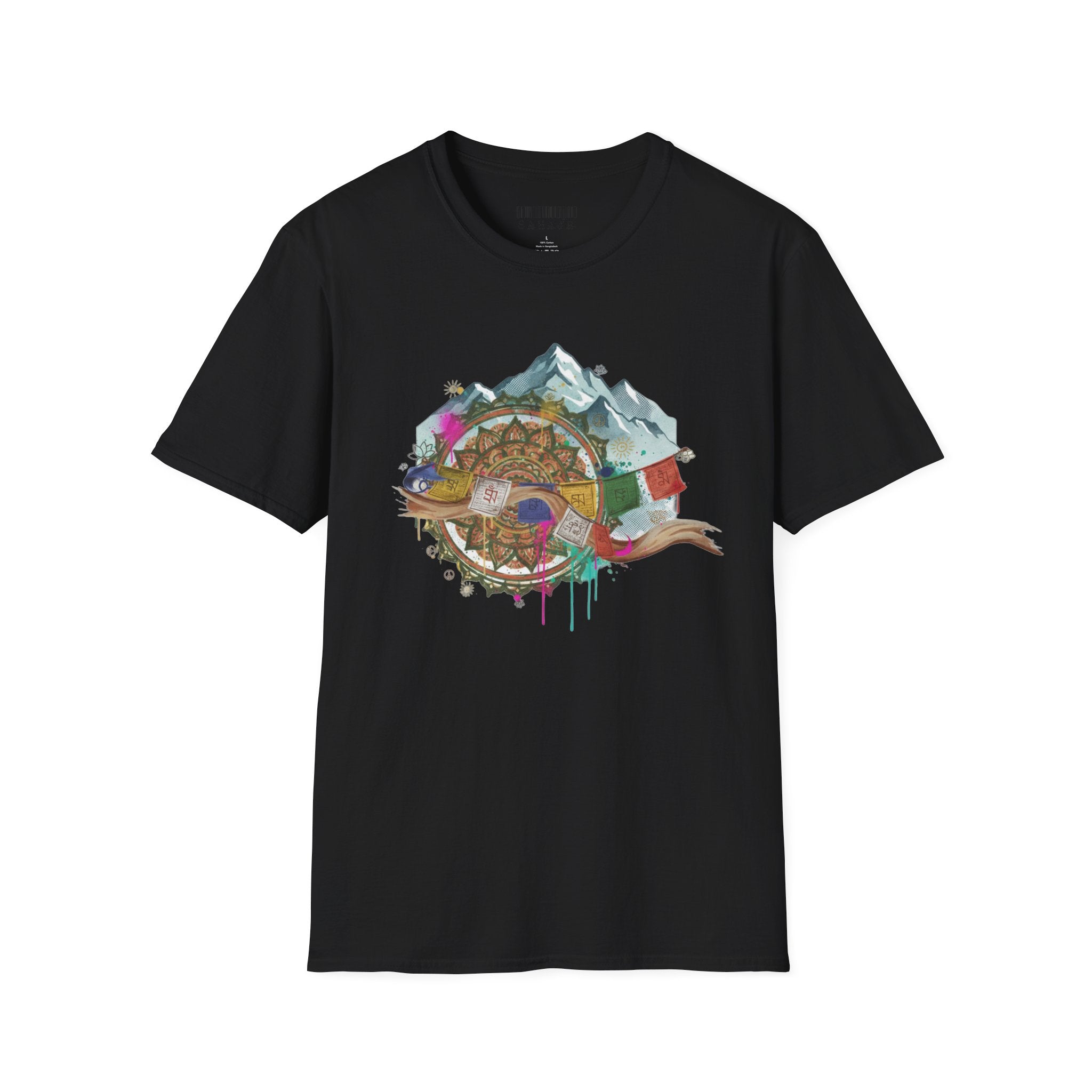 Adventure Compass T-Shirt — Mountain Compass with Prayer Flags & Colorful Globe
