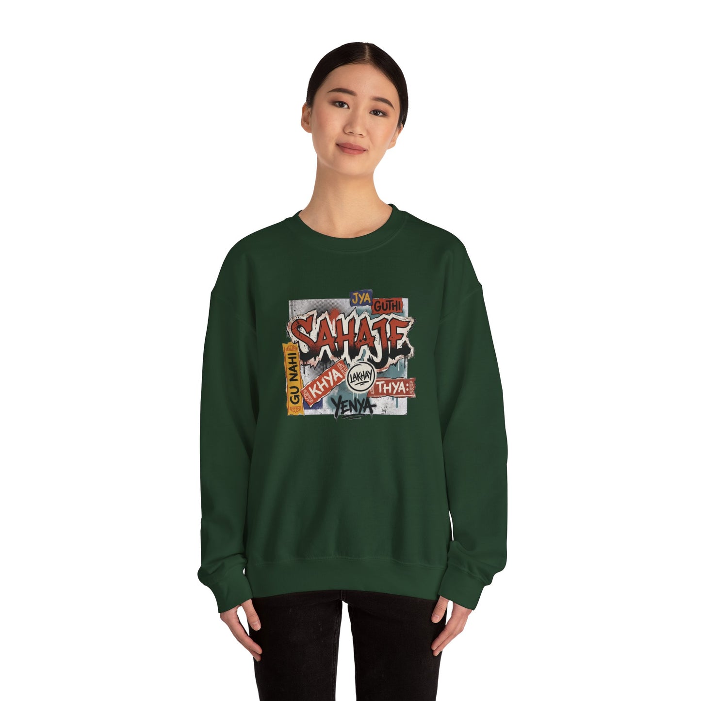 Crewneck Sweatshirt — 'Sahaje' Vintage Sticker Collage Graphic