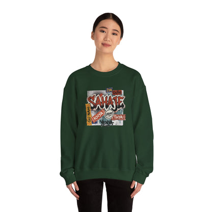 Crewneck Sweatshirt — 'Sahaje' Vintage Sticker Collage Graphic