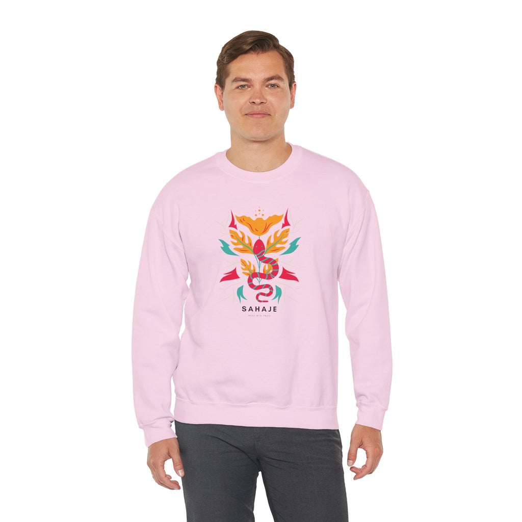 Sahajé Floral Snake Crewneck Sweatshirt — Colorful Botanical Serpent Graphic