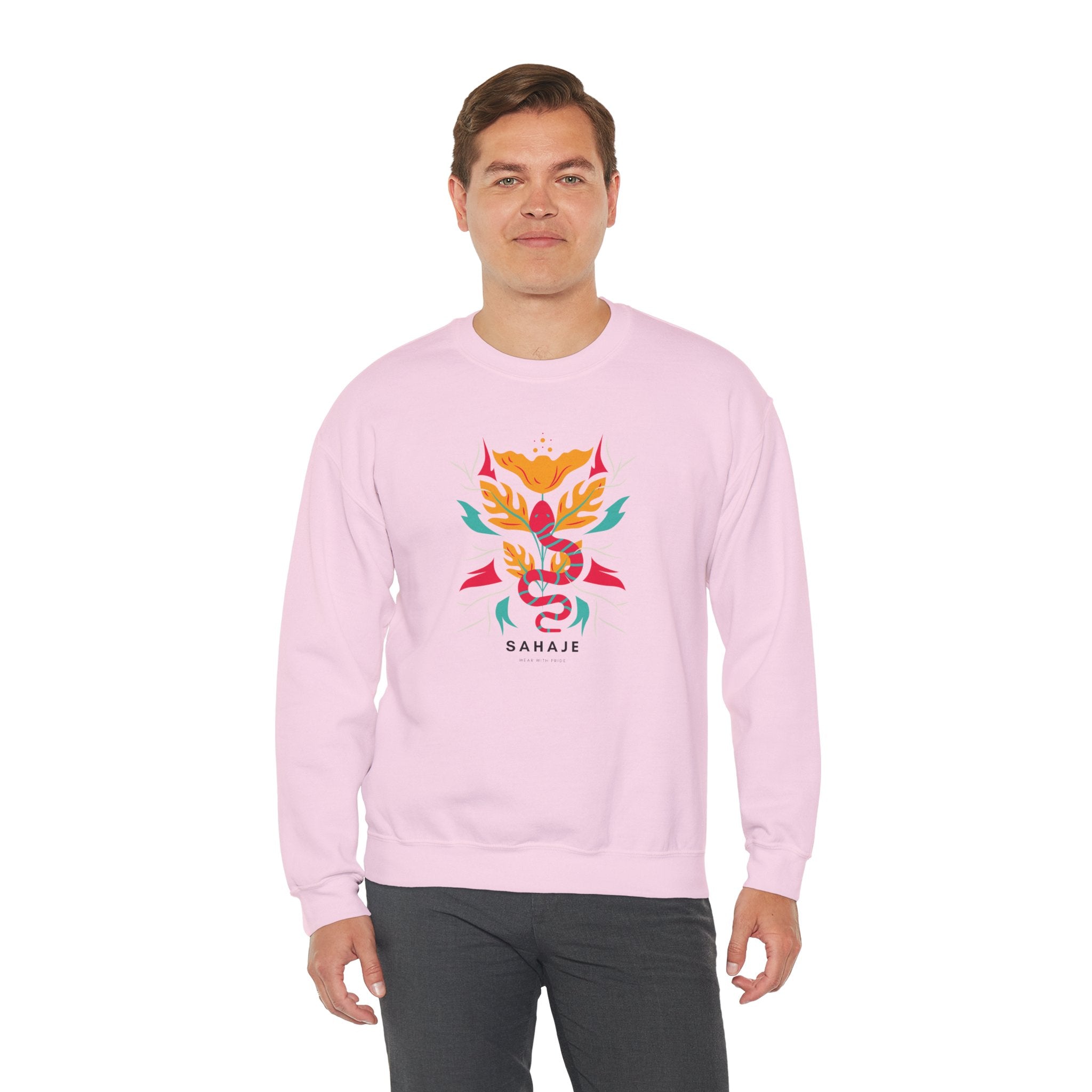 Sahajé Floral Snake Crewneck Sweatshirt — Colorful Botanical Serpent Graphic