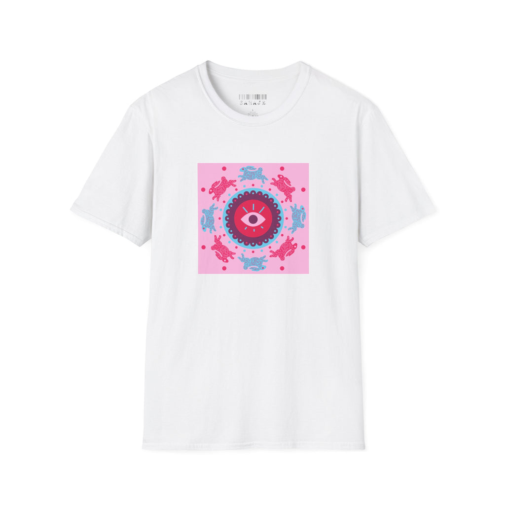Psychedelic Eyeball Mandala T-Shirt — Pink Blue Retro Graphic Tee