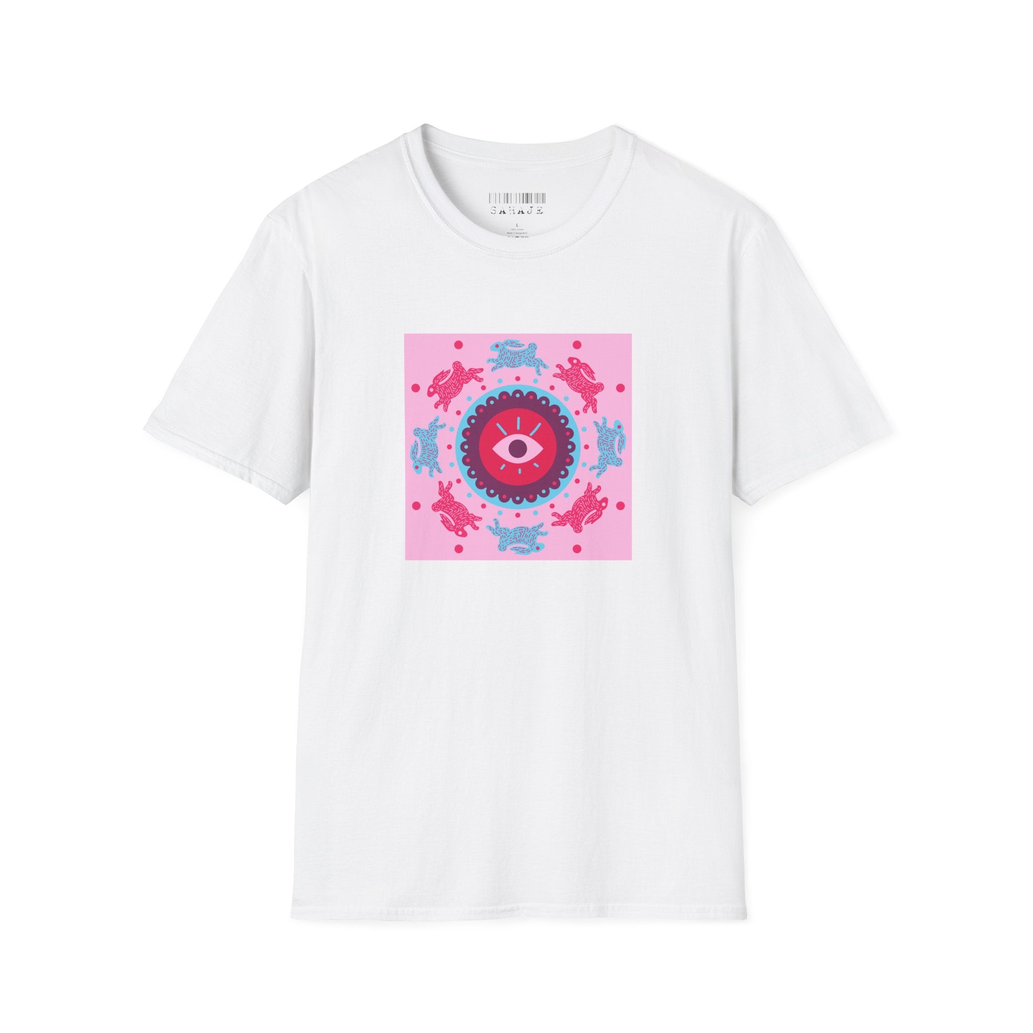 Psychedelic Eyeball Mandala T-Shirt — Pink Blue Retro Graphic Tee