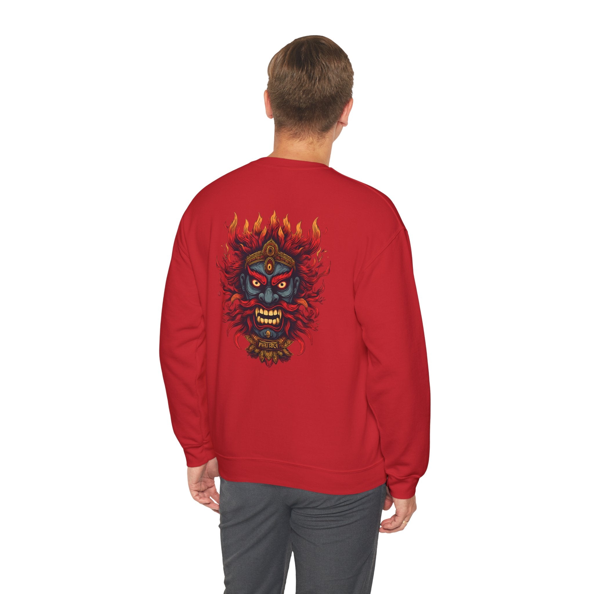 Crewneck Sweatshirt — Fiery Demon Mask Back Graphic