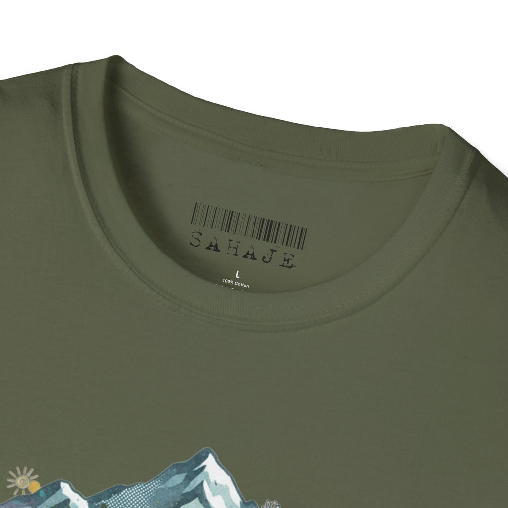 Adventure Compass T-Shirt — Mountain Compass with Prayer Flags & Colorful Globe