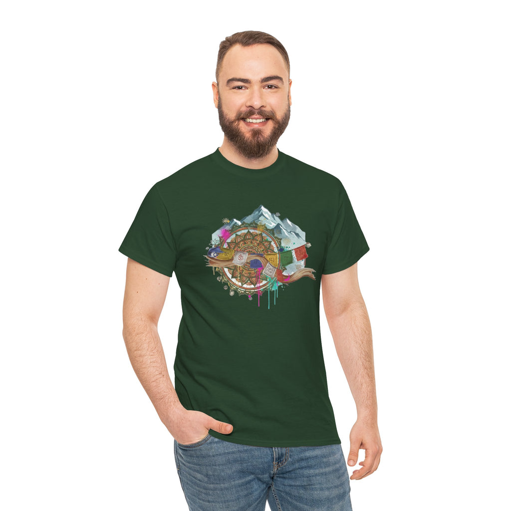 Adventure Compass Graphic Tee — Mountain, Globe & Flag Illustration