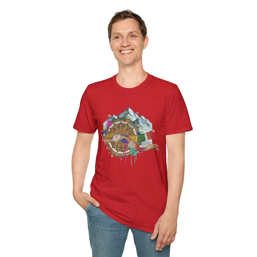 Adventure Compass T-Shirt — Mountain Compass with Prayer Flags & Colorful Globe