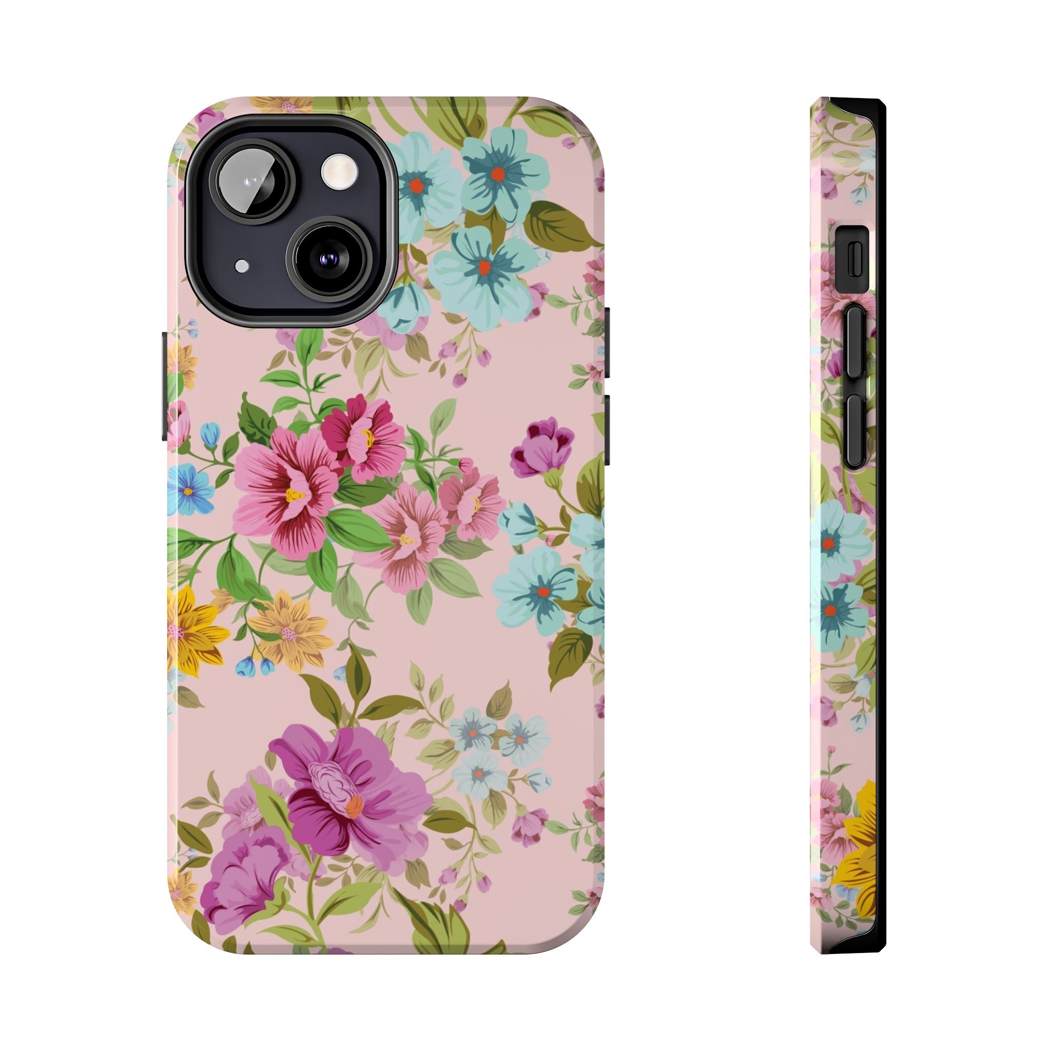 Floral Vintage Tough Phone Case — Pink Rose & Blue Blossom Protective Cover