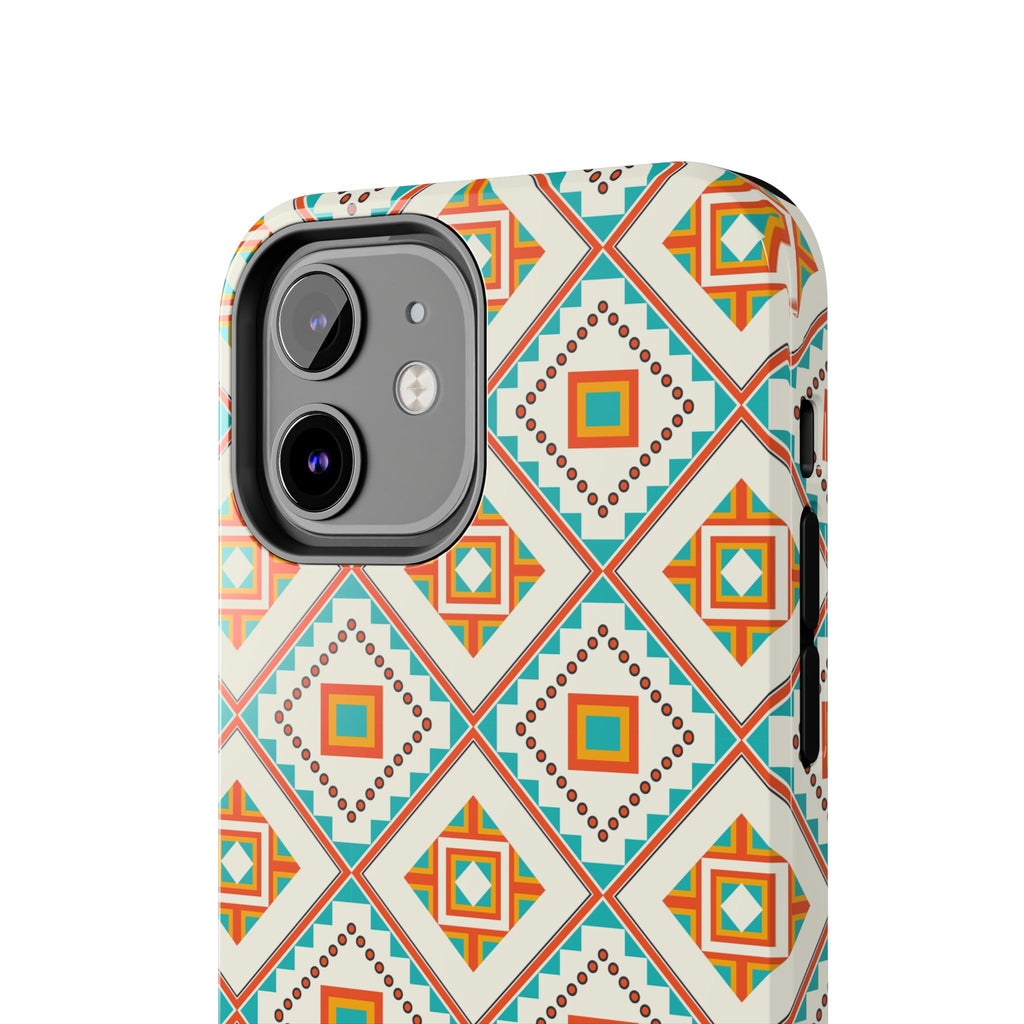 Tough Phone Case — Geometric Retro Tile Pattern, Orange & Teal Protective Cover