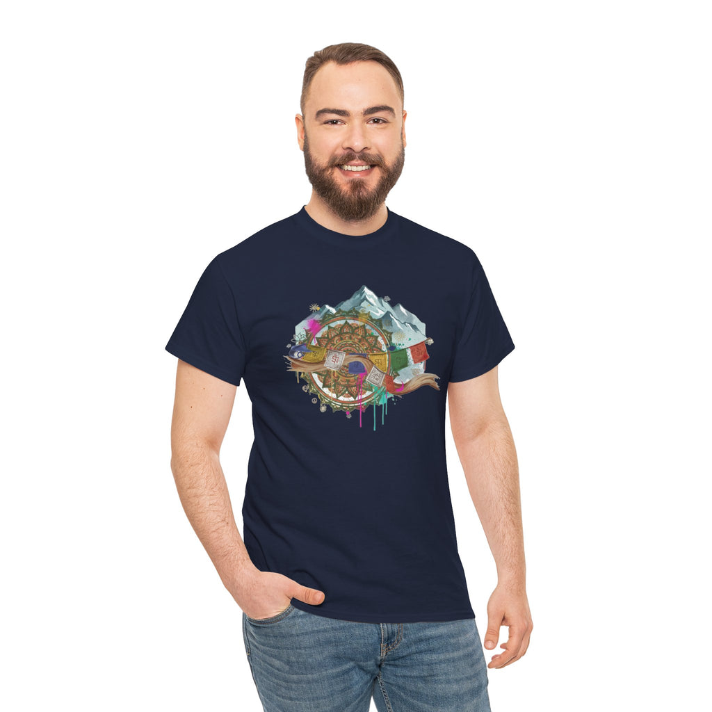 Adventure Compass Graphic Tee — Mountain, Globe & Flag Illustration