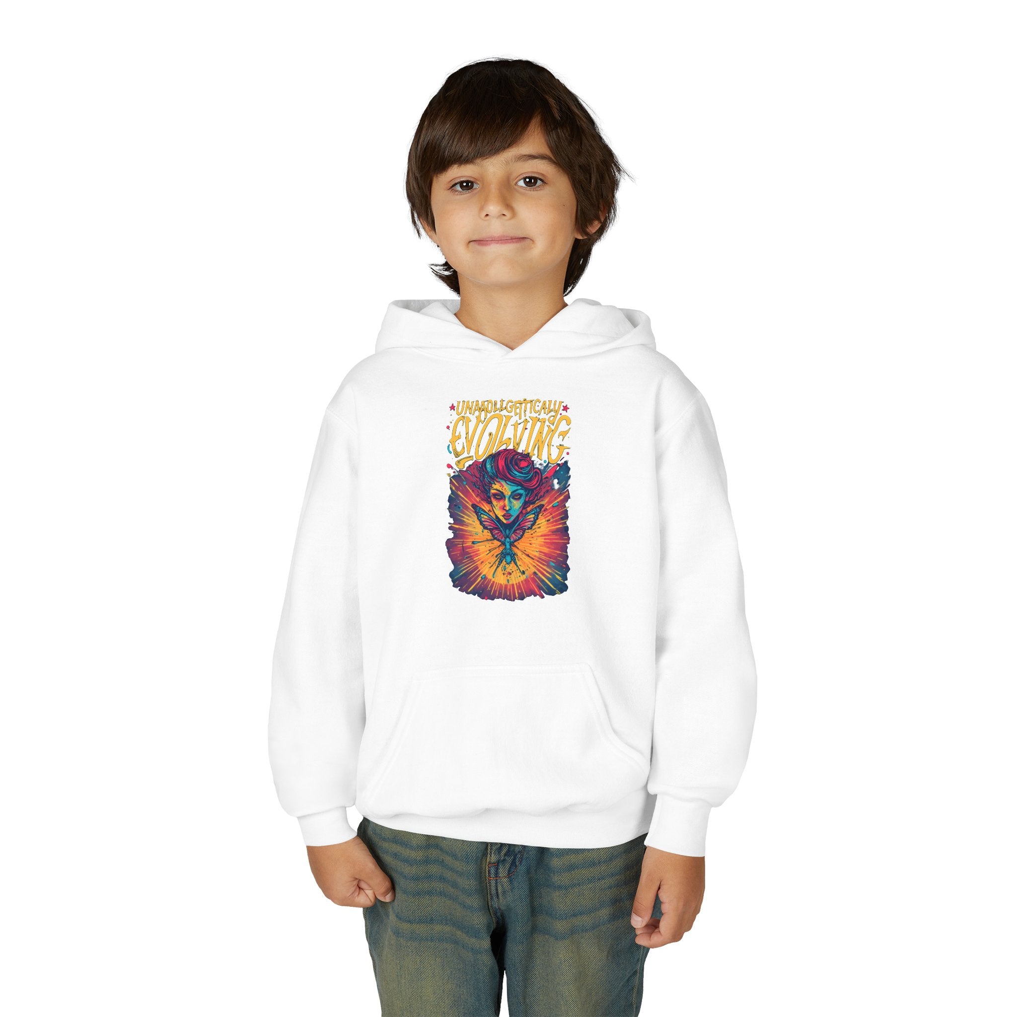 Youth Hoodie — Vibrant 'Evolving' Butterfly Girl Graphic Sweatshirt