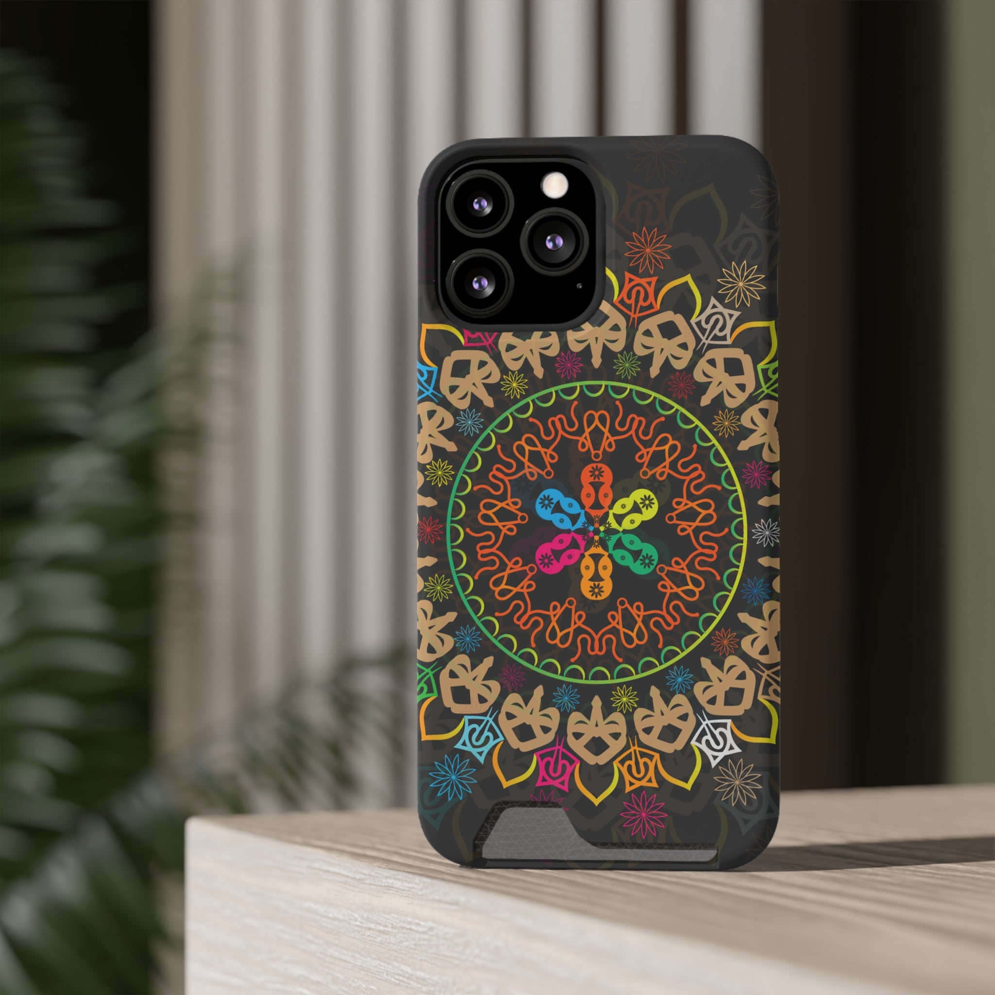 Colorful Mandala Phone Case with Card Holder, Bohemian Phone Accessory, Gift for Him/Her, Vibrant Smartphone Case, Artistic Phone Cover
