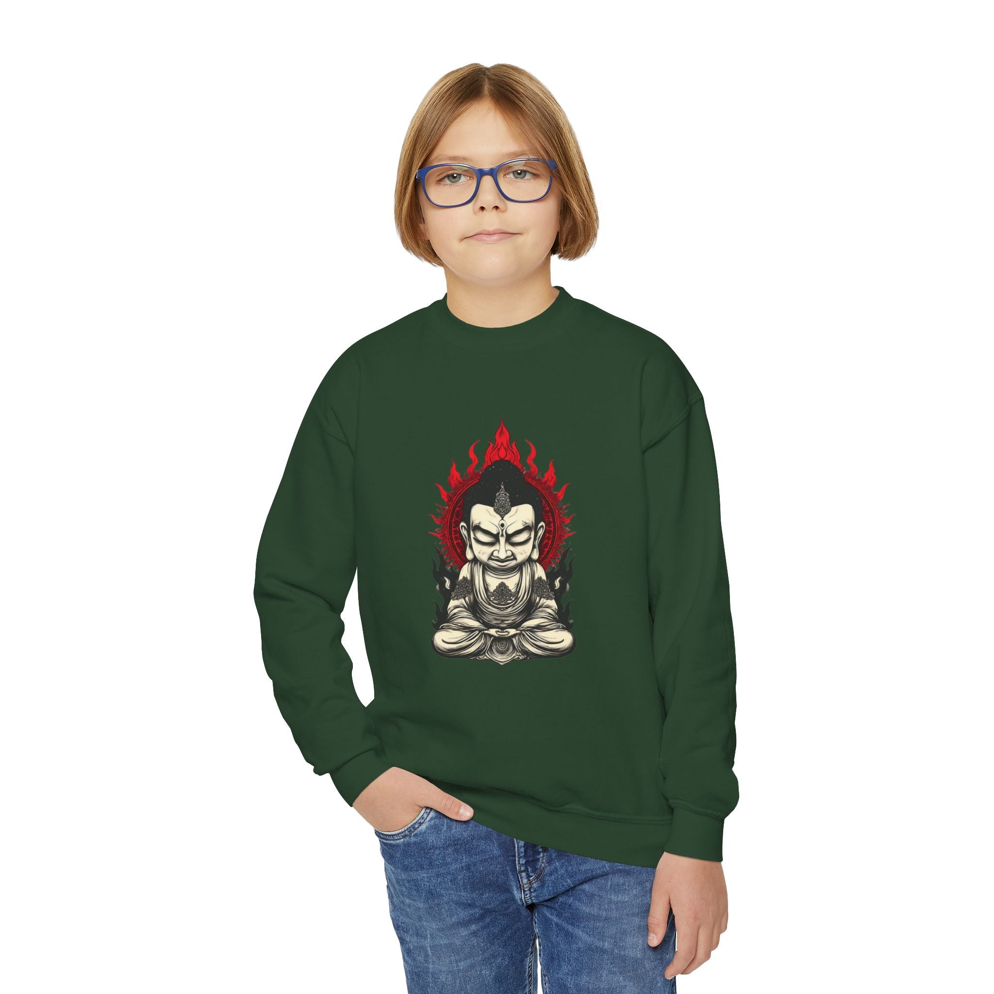 Flaming Meditating Buddha Youth Crewneck Sweatshirt — Zen Graphic Sweater for Kids