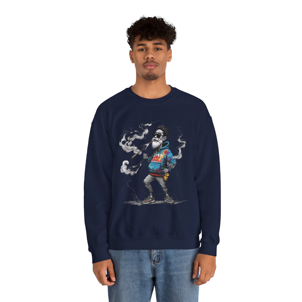Crewneck Sweatshirt - Retro Cool Grandpa Smoking Pipe Illustration