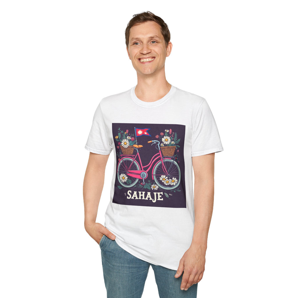 Bicycle Floral T-Shirt – Pink Bike with Baskets & "Sahaje" Text