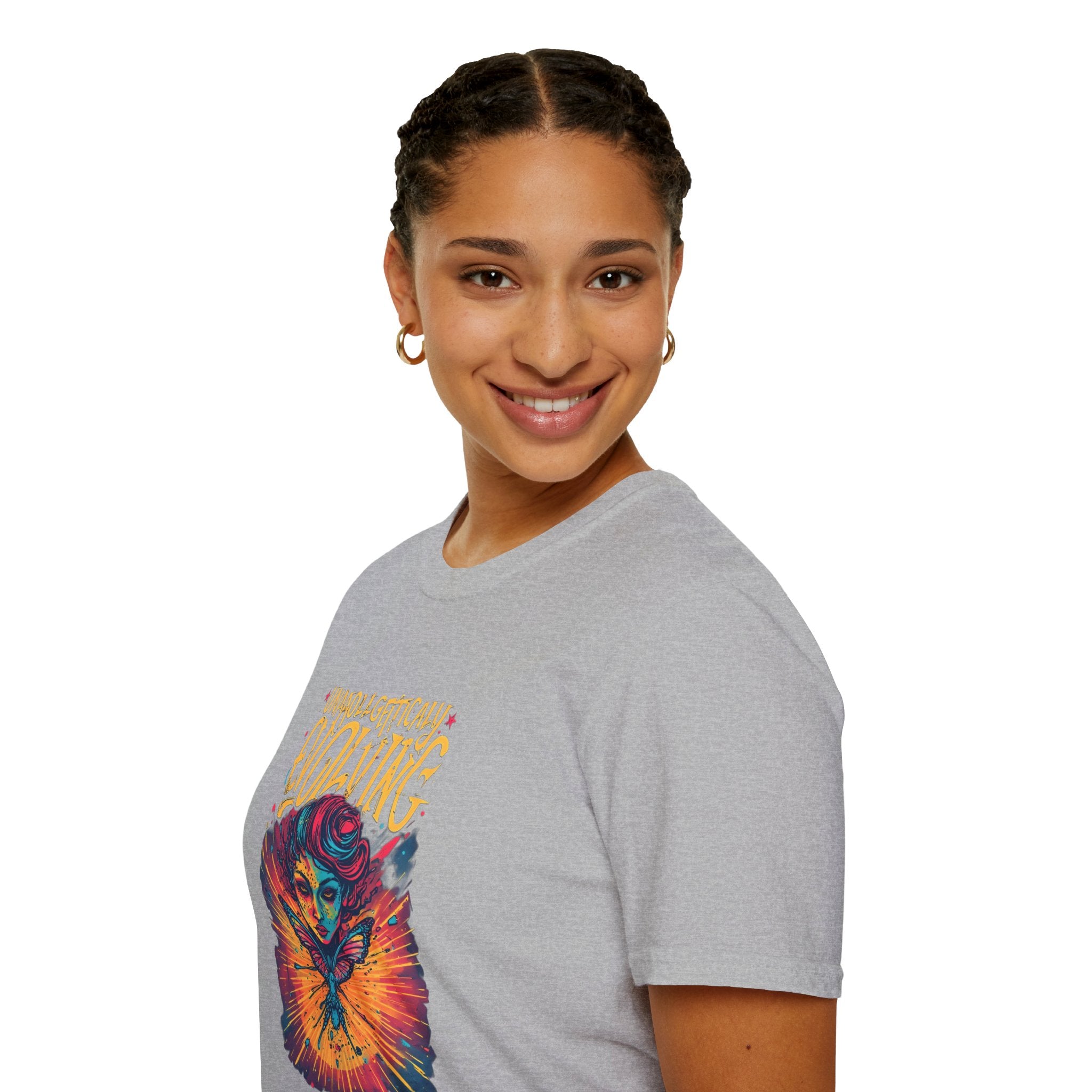 Unapologetically Evolving T-Shirt — Vibrant Butterfly Woman Graphic Tee