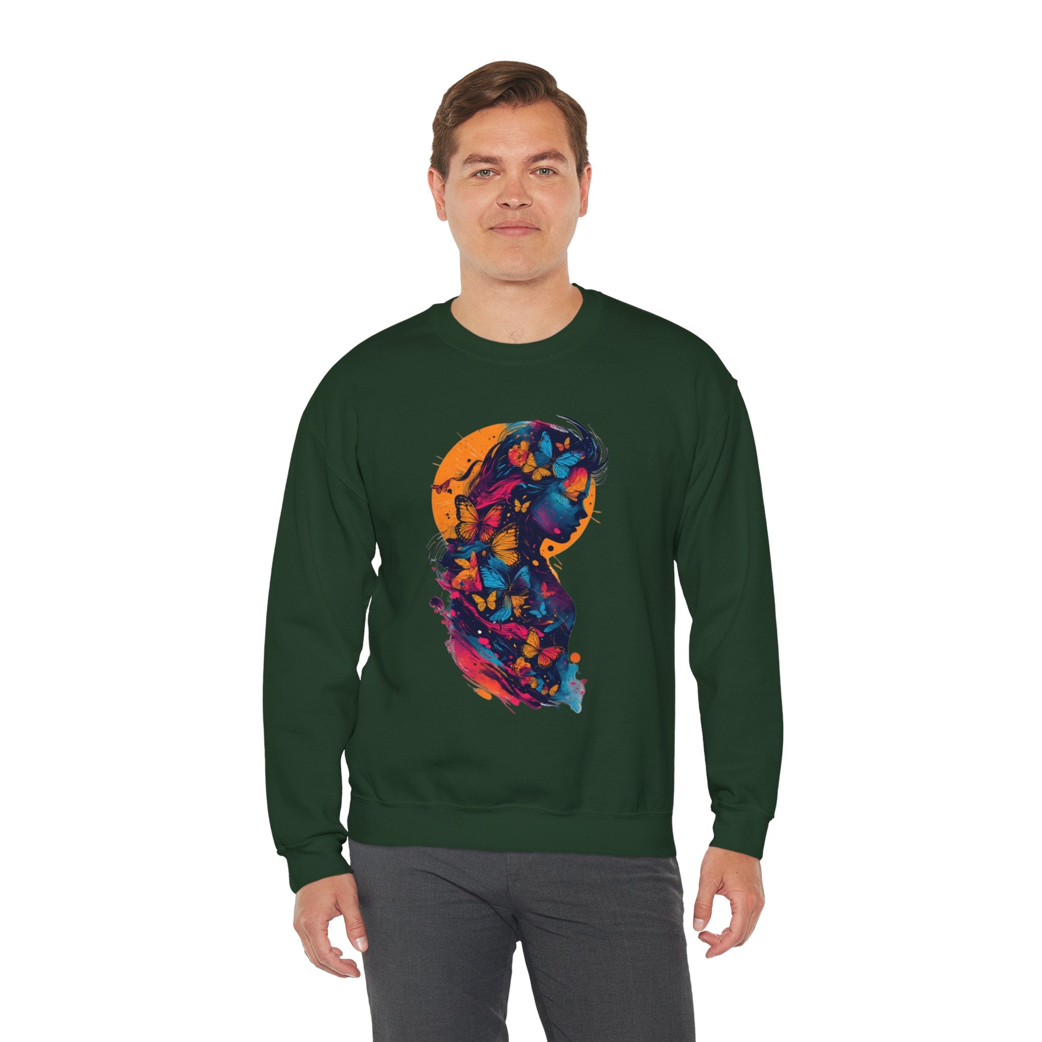 Butterfly Silhouette Crewneck Sweatshirt — Colorful Butterfly Profile Graphic
