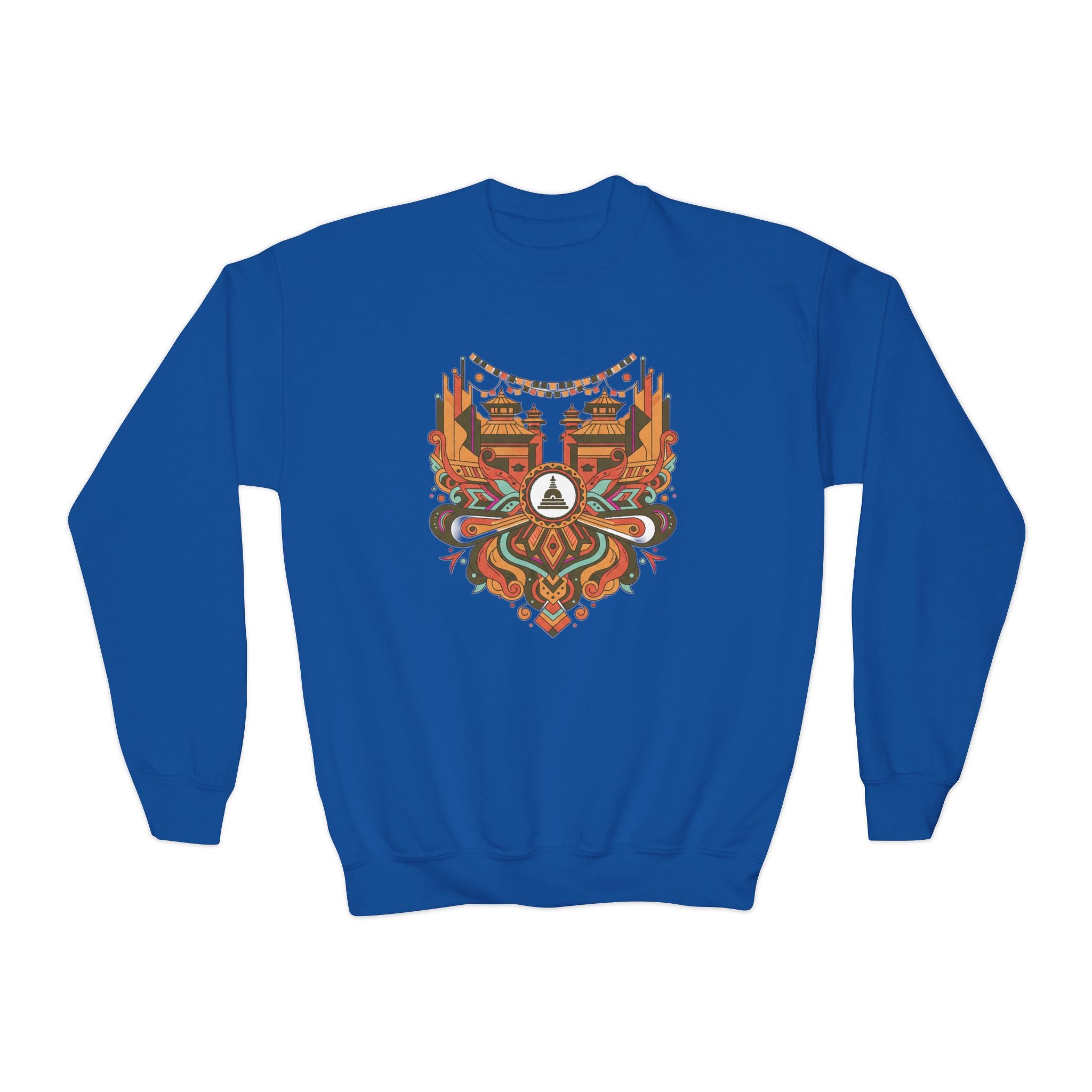 Youth Crewneck Sweatshirt — Retro Boho Fox Mask Graphic (Autumn Colors)