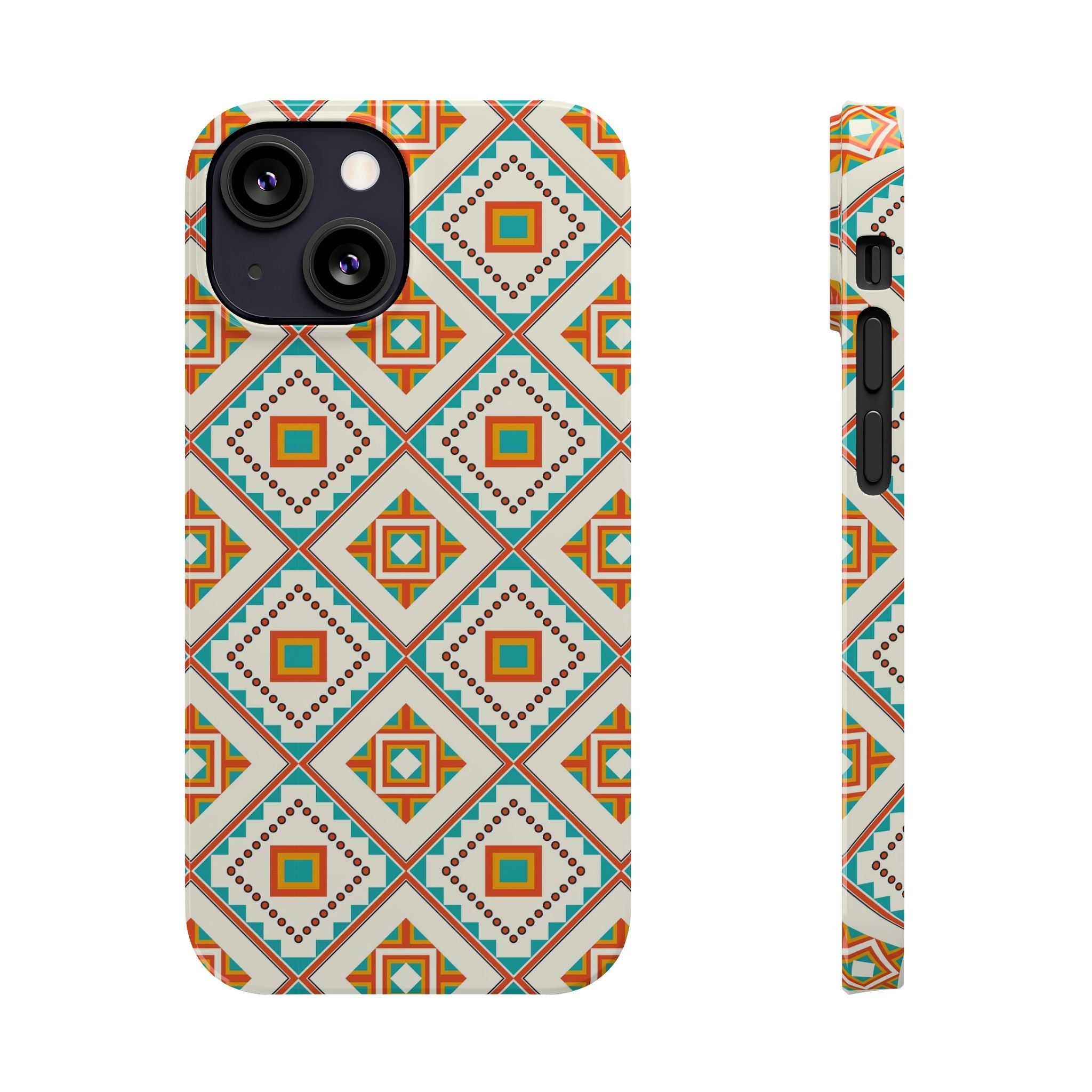 Slim Phone Case — Retro Geometric Tile Pattern (Turquoise & Orange)