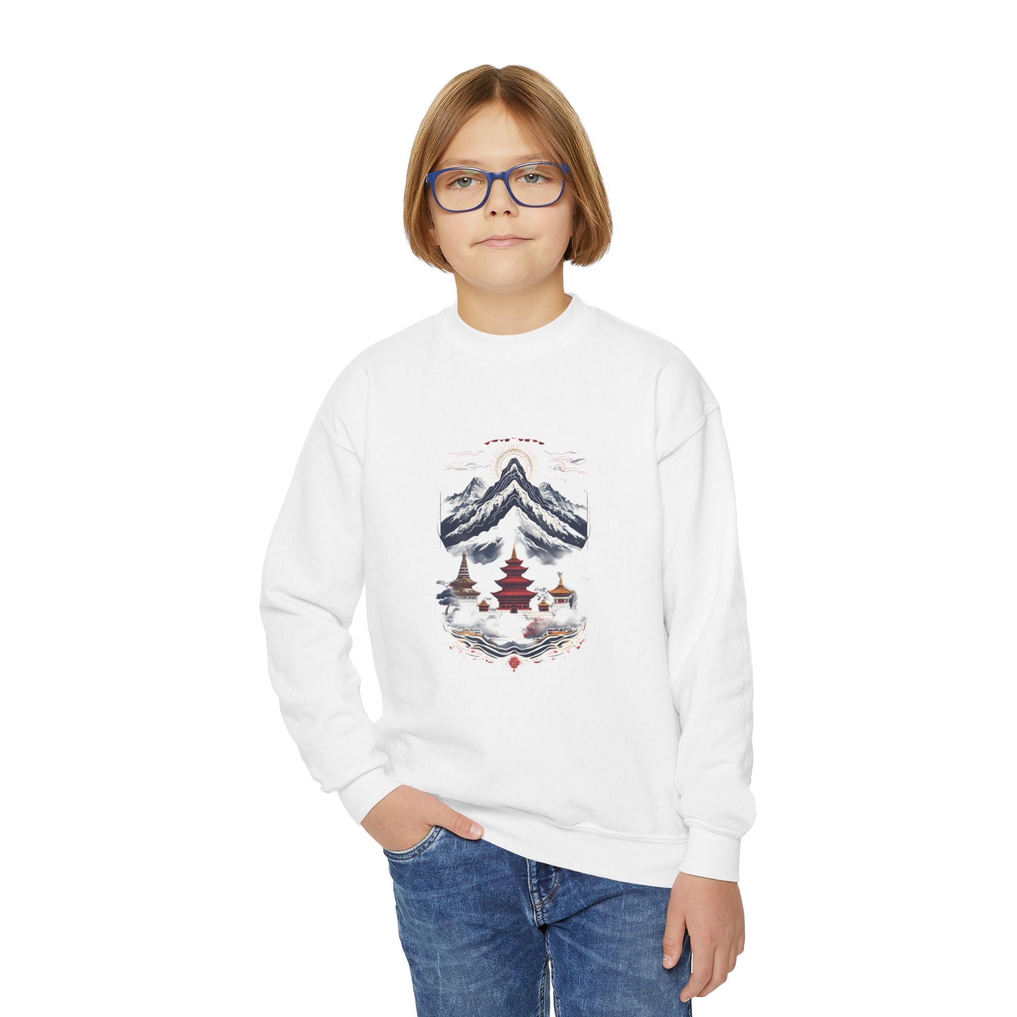 Youth Mountain Holiday Crewneck Sweatshirt — Cozy Winter Tree Graphic