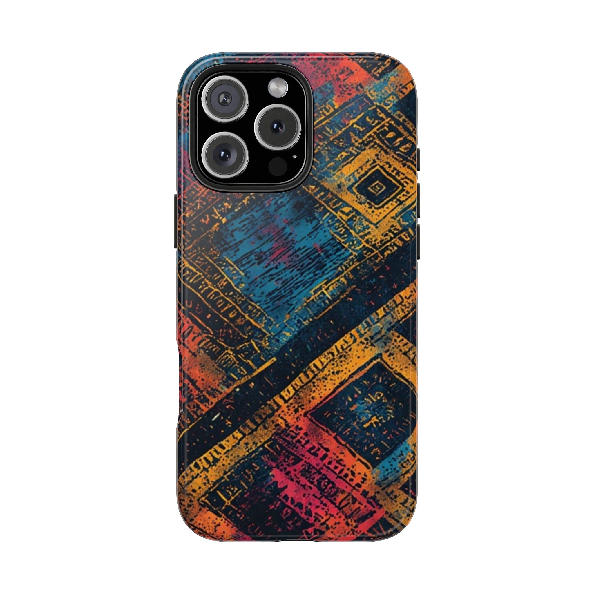 Tough Phone Case – Abstract Rustic Geometric Design (Blue, Orange, Magenta)