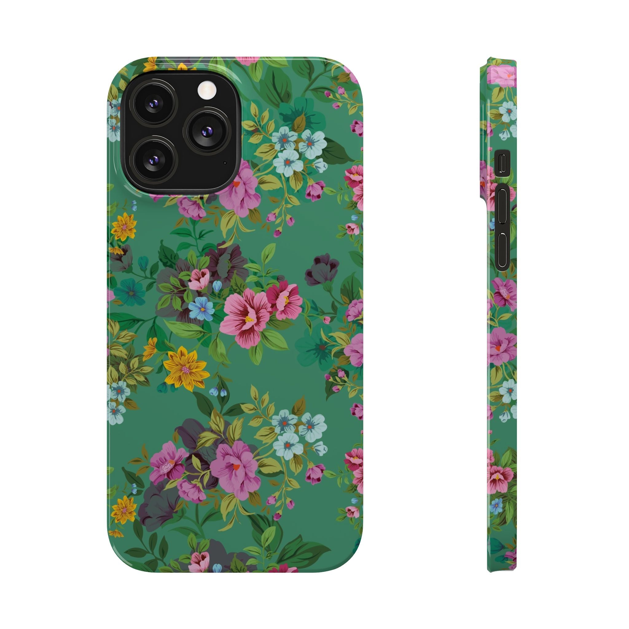 Floral Vintage Green Slim Phone Case — Pink & Yellow Garden Print