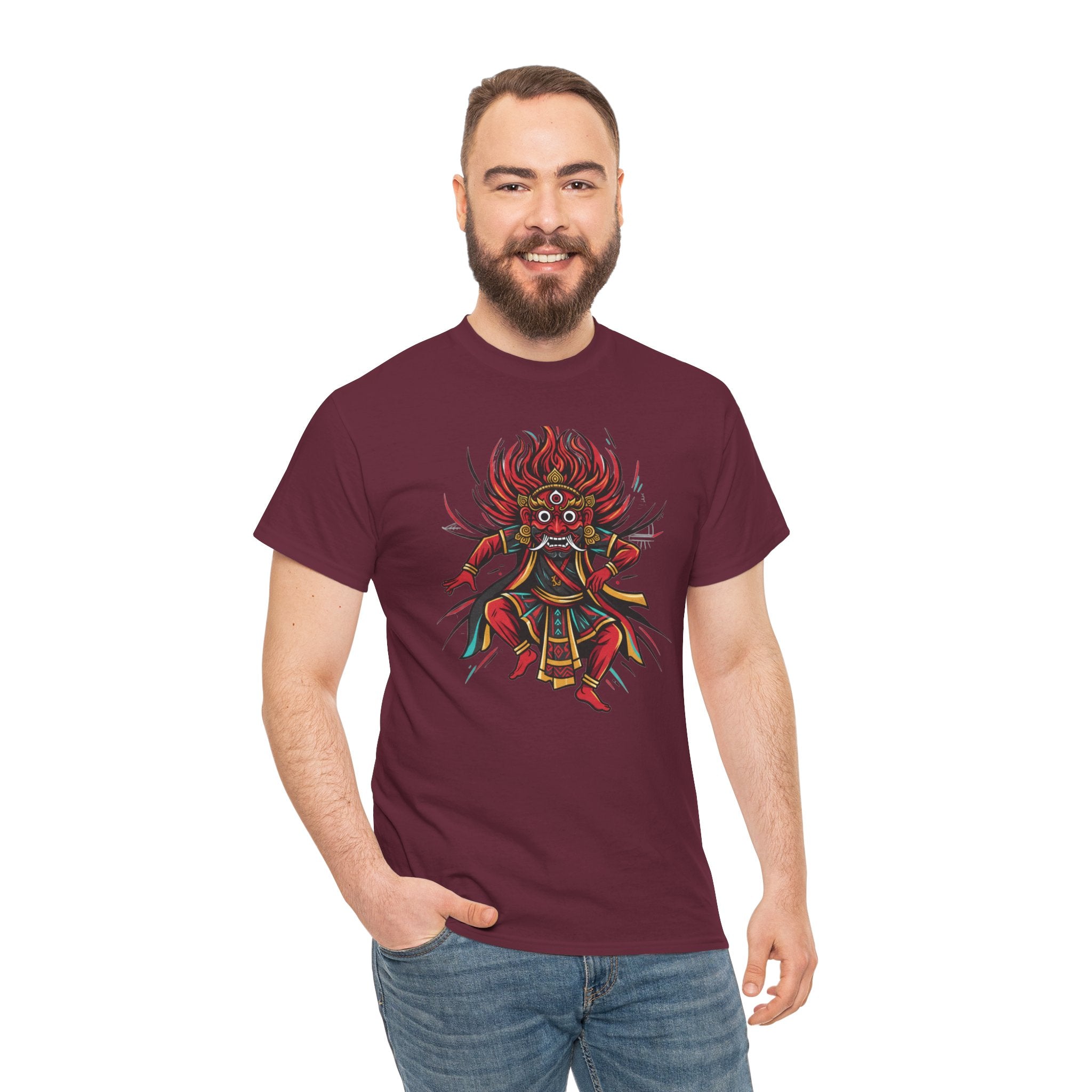 T-Shirt — Fierce Red Oni Demon Graphic Tee (Mythic Japanese Mask Design)