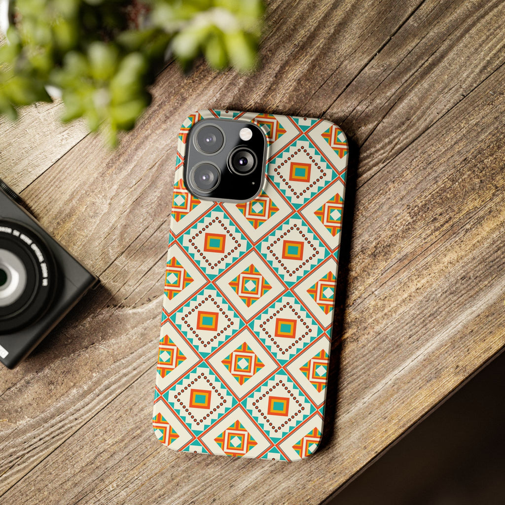 Slim Phone Case — Retro Geometric Tile Pattern (Turquoise & Orange)