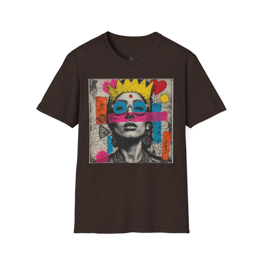 Abstract Pop Art Portrait T-Shirt — Neon Crown & Sunglasses Graphic